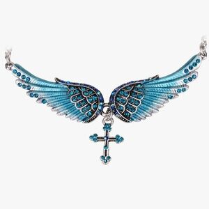 Turquoise blue rhinestone Silver cross choker necklace gypsy glam angel wings
